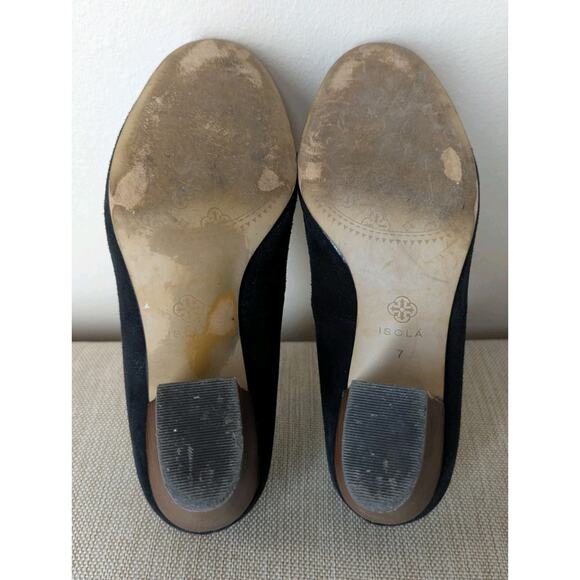 Isola Black Suede Emalee Wooden Stacked Block Heel Round Toe Classic Pumps Sz 7 - Picture 7 of 8